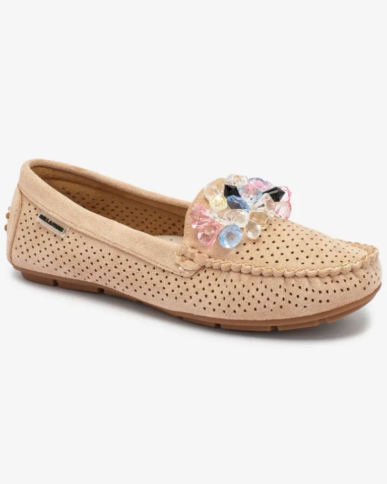 Ażurowe jasnobrązowe mokasyny damskie z ozdobnymi kryształkami Cizzas Półbuty|Mokasyny Na Płaskiej Podeszwie