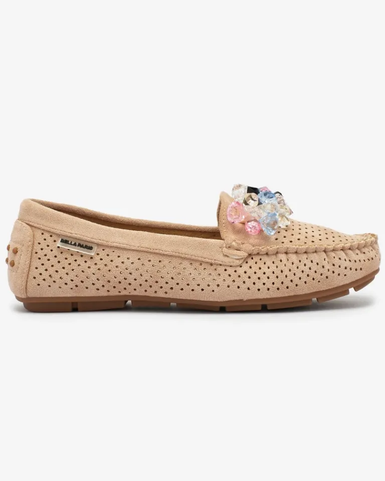 Ażurowe jasnobrązowe mokasyny damskie z ozdobnymi kryształkami Cizzas Półbuty|Mokasyny Na Płaskiej Podeszwie