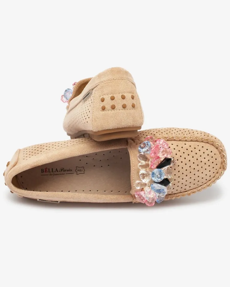 Ażurowe jasnobrązowe mokasyny damskie z ozdobnymi kryształkami Cizzas Półbuty|Mokasyny Na Płaskiej Podeszwie