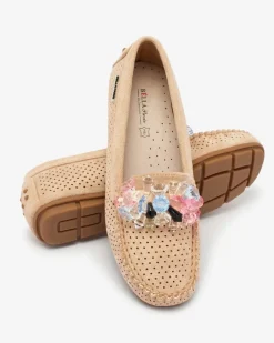 Ażurowe jasnobrązowe mokasyny damskie z ozdobnymi kryształkami Cizzas Półbuty|Mokasyny Na Płaskiej Podeszwie