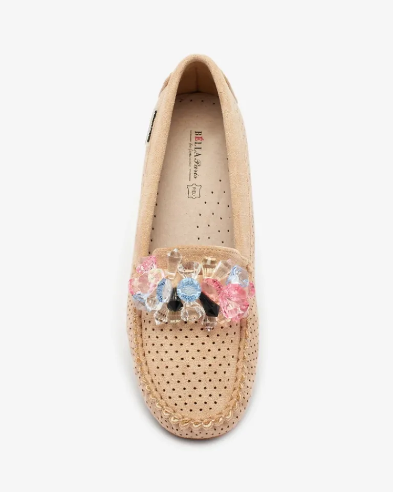 Ażurowe jasnobrązowe mokasyny damskie z ozdobnymi kryształkami Cizzas Półbuty|Mokasyny Na Płaskiej Podeszwie