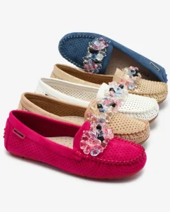 Ażurowe jasnobrązowe mokasyny damskie z ozdobnymi kryształkami Cizzas Półbuty|Mokasyny Na Płaskiej Podeszwie