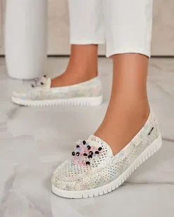 Discount Ażurowe mokasyny damskie z koralikami Namis Półbuty|Mokasyny Na Płaskiej Podeszwie