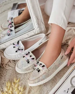 Best Ażurowe mokasyny damskie z koralikami Nasfali Półbuty|Mokasyny Na Płaskiej Podeszwie