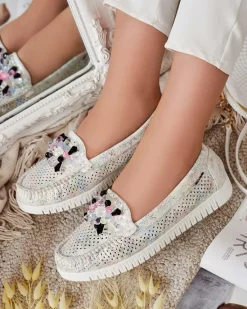 Ażurowe mokasyny damskie z koralikami Nasfali Półbuty|Mokasyny Na Płaskiej Podeszwie