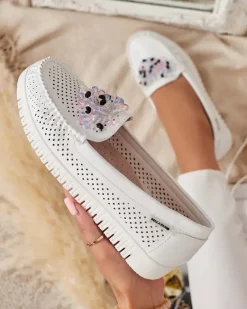 Ażurowe mokasyny damskie z koralikami Namis Półbuty|Mokasyny Na Płaskiej Podeszwie