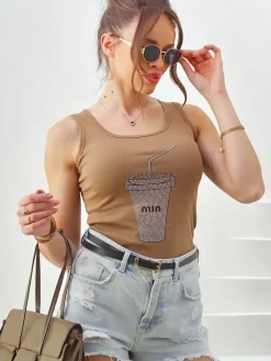 Sale Bawełniana bluzka damska na ramiączkach z kubeczkiem z cyrkonii Bluzki / Koszule / Koszulki