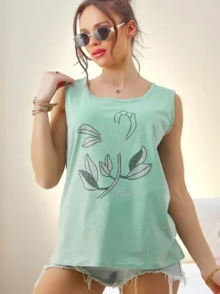 Best Bawełniana bluzka damska na ramiączkach z cyrkoniami FLOWERS Bluzki / Koszule / Koszulki