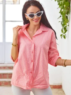 Clearance Bawełniana damska koszula w paski z wiązaniem na dole Bluzki / Koszule / Koszulki