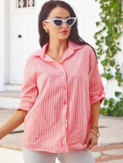 Clearance Bawełniana damska koszula w paski z wiązaniem na dole Bluzki / Koszule / Koszulki