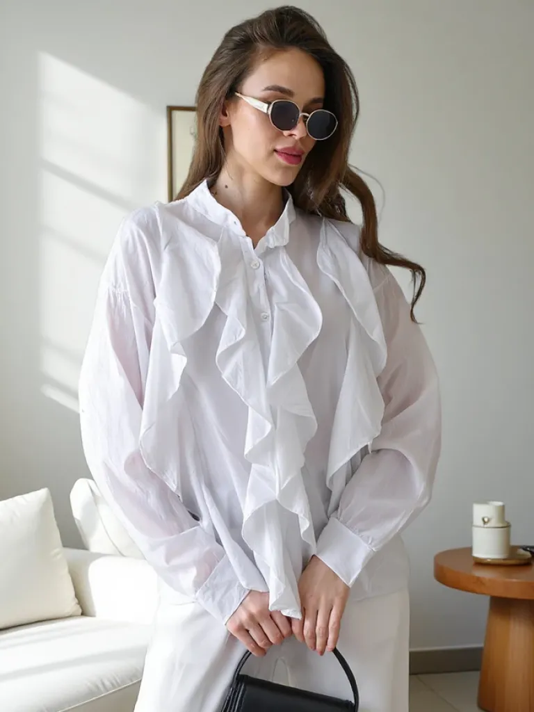 Sale Bawełniana koszula zdobiona falbanami i zapinana na guziki Bluzki / Koszule / Koszulki