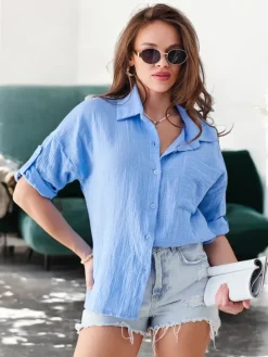 Hot Bawełniana koszula damska z tłoczeniem i z dekoltem w serek i rękawami 3/4 Bluzki / Koszule / Koszulki