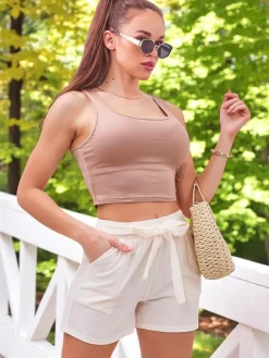 Discount Bawełniane krótkie spodenki damskie z gumką i troczkami w pasie Szorty