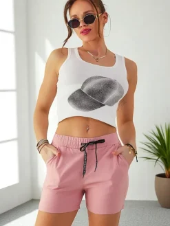 Sale Bawełniane krótkie spodenki damskie z gumką i troczkami w pasie Szorty|Krótkie Spodenki