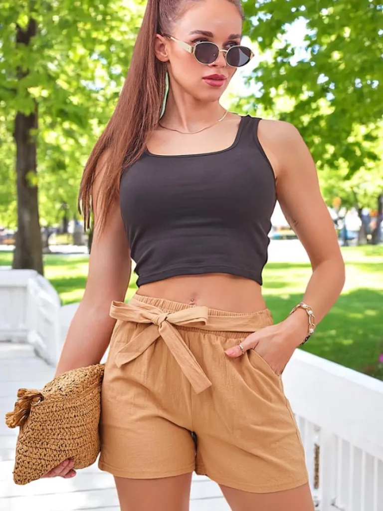 Best Bawełniane krótkie spodenki damskie z gumką i troczkami w pasie Szorty