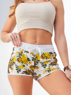 Clearance Bawełniane krótkie spodenki damskie w wiosenne kwiaty Szorty|Krótkie Spodenki