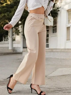 Best Bawełniane szerokie spodnie damskie ze zdobieniem a'la pasek Spodnie Materiałowe
