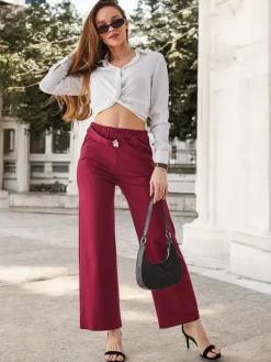 Discount Bawełniane szerokie spodnie damskie ze zdobieniem a'la pasek Spodnie Materiałowe