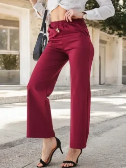 Discount Bawełniane szerokie spodnie damskie ze zdobieniem a'la pasek Spodnie Materiałowe