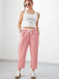 Best Bawełniane szerokie spodnie damskie z wiązaniem Spodnie Materiałowe