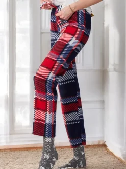 Clearance Bawełniane świąteczne spodnie damskie od piżamy w kratę Spodnie Materiałowe|Piżamy