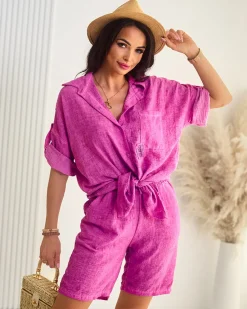 Hot Bawełniano- lniany damski koszulowy komplet Damskie Komplety Damskie