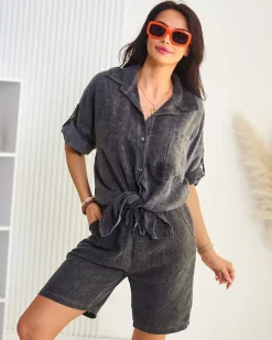 Best Bawełniano- lniany damski koszulowy komplet Damskie Komplety Damskie