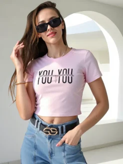 Bawełniany damski crop top z napisem Bluzki / Koszule / Koszulki