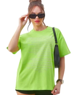 Bawełniany damski t-shirt z napisami z cyrkonii Bluzki / Koszule / Koszulki