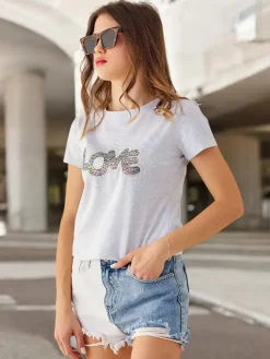 Bawełniany damski t-shirt LOVE z cyrkoniami Bluzki / Koszule / Koszulki