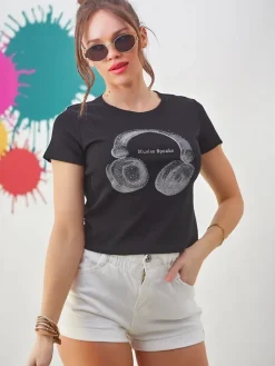 Best Bawełniany damski t-shirt z nadrukiem Music Speaking Bluzki / Koszule / Koszulki