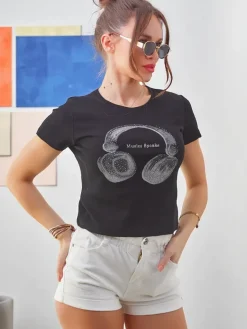 Best Bawełniany damski t-shirt z nadrukiem Music Speaking Bluzki / Koszule / Koszulki