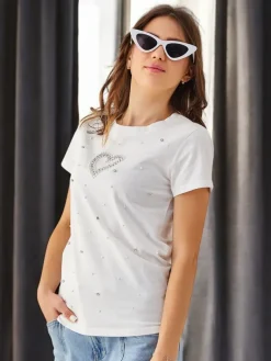 Best Bawełniany damski t-shirt z perełkowym serduszkiem Bluzki / Koszule / Koszulki