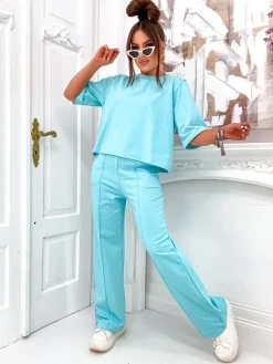 Online Bawełniany damski komplet z poszerzanymi spodniami Damskie Komplety Damskie