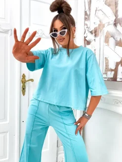 Online Bawełniany damski komplet z poszerzanymi spodniami Damskie Komplety Damskie