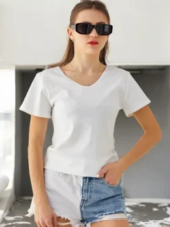 Bawełniany damski t-shirt z koronką na plecach Bluzki / Koszule / Koszulki