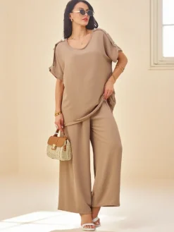 Best Bawełniany damski komplet z krótkim rękawem i poszerzanymi spodniami Damskie Komplety Damskie