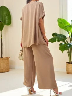 Best Bawełniany damski komplet z krótkim rękawem i poszerzanymi spodniami Damskie Komplety Damskie