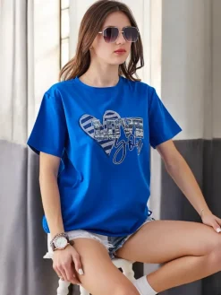 Bawełniany damski t-shirt LOVE z cyrkoniami Bluzki / Koszule / Koszulki