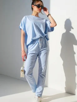 Discount Bawełniany damski komplet z krótkim rękawem i prostymi spodniami Damskie Komplety Damskie