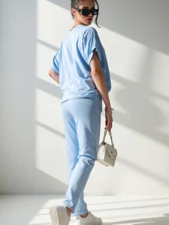 Discount Bawełniany damski komplet z krótkim rękawem i prostymi spodniami Damskie Komplety Damskie