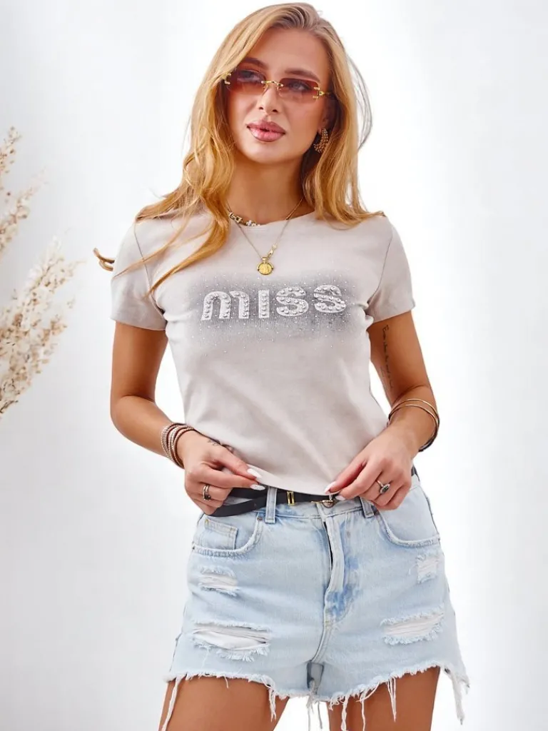 Bawełniany damski t-shirt z cyrkoniami MISS Bluzki / Koszule / Koszulki