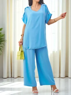 Best Bawełniany damski komplet z krótkim rękawem i poszerzanymi spodniami Damskie Komplety Damskie