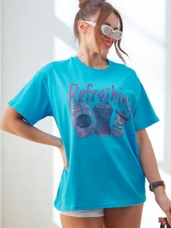 Clearance Bawełniany damski t-shirt z nadrukiem z cyrkonii Bluzki / Koszule / Koszulki