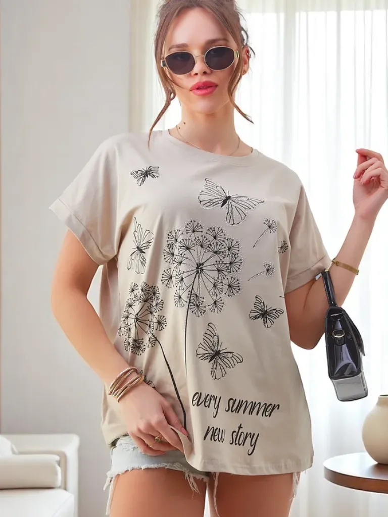 Best Bawełniany damski t-shirt z dmuchawcami i motylkiem Bluzki / Koszule / Koszulki