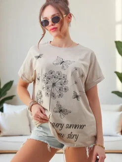 Best Bawełniany damski t-shirt z dmuchawcami i motylkiem Bluzki / Koszule / Koszulki