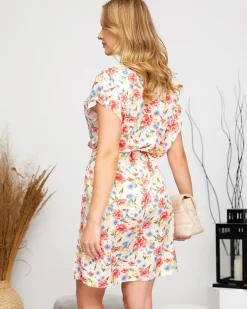 Clearance Beżowa damska prosta sukienka z kwiatowym wzorem Sukienki Letnie|Sukienki Krótkie