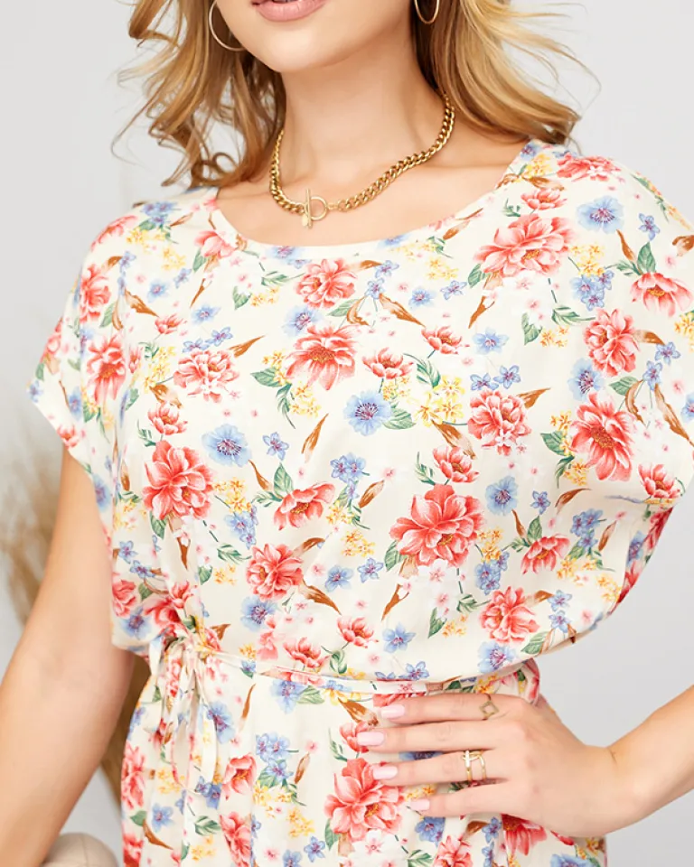 Clearance Beżowa damska prosta sukienka z kwiatowym wzorem Sukienki Letnie|Sukienki Krótkie