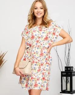 Clearance Beżowa damska prosta sukienka z kwiatowym wzorem Sukienki Letnie|Sukienki Krótkie