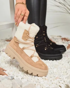 Online Beżowe botki damskie typu trapery z kożuszkiem Getatsa Trapery|Botki Z Delikatnym Ociepleniem